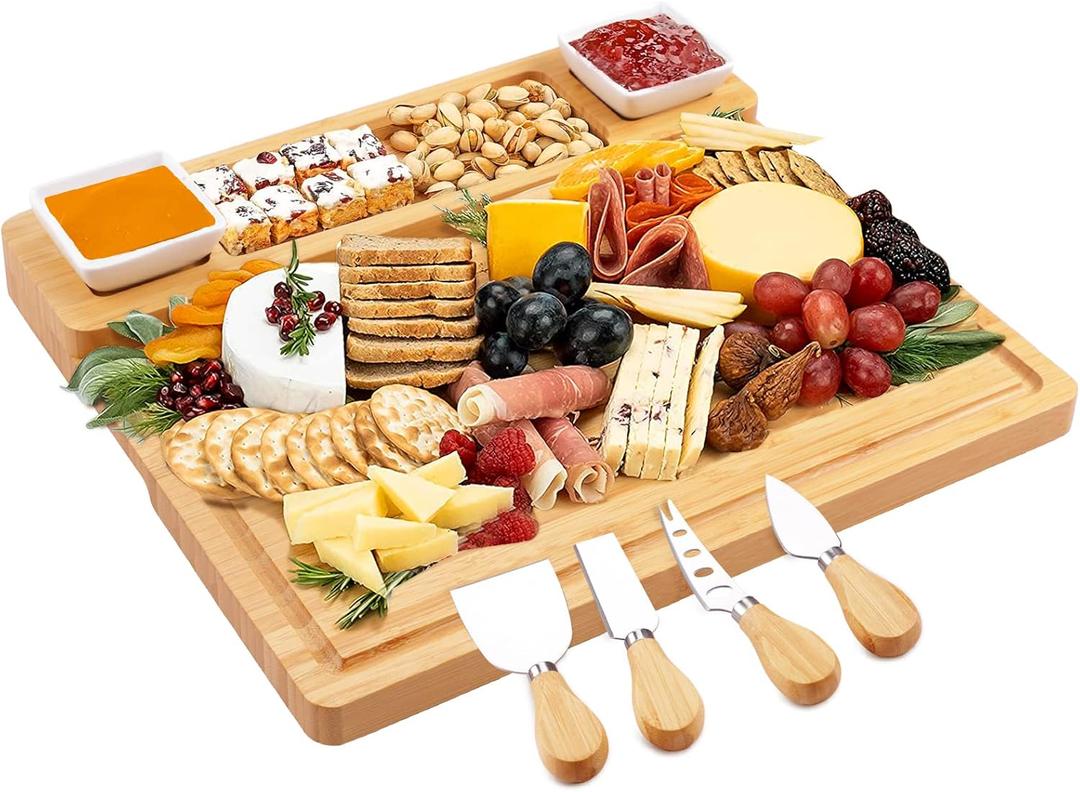 Charcuterie Boards and Knife Set - Bamboo Cheese Board - Wine Meat Cheese Tray Platter - Unique Housewarming Gifts, Anniversary Wedding Gifts for Couple, Bridal Shower Gift Charcuterie Boards and Knife Set - Bamboo Cheese Board - Wine Meat Cheese Tray Platter - Unique Housewarming Gifts, Anniversary Wedding Gifts for Couple, Bridal Shower Gift