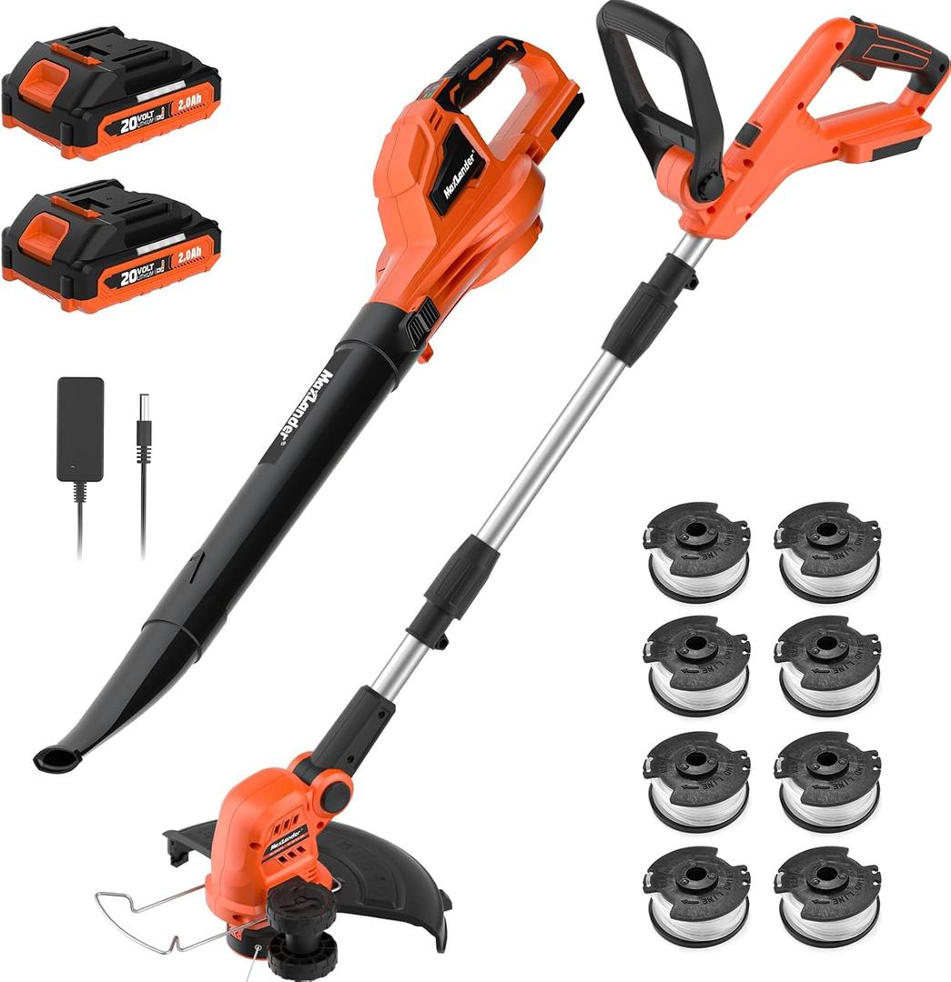 MAXLANDER 20V 12'' Cordless Weed Wacker/Edger and Leaf Blower Combo Kit, 8 Pcs Replacement Spools, 2 x 2.0Ah Batteries & Charger Included, 12'' String Trimmer+leaf Blower Combo