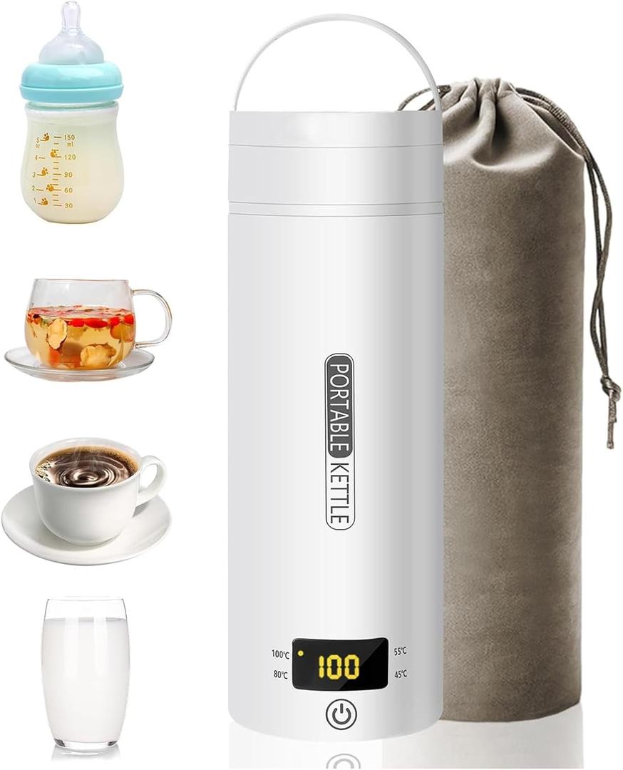 Electric Travel Kettle, Portable Kettle for Trave, Small Electric Tea Kettle, with 4 Variable Presets, Personal Hot Water Boiler, 450ML- 304 Stainless Steel (White