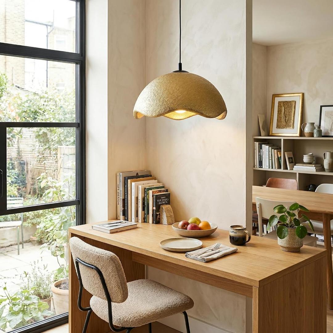JAYMP 15.7" Modern Pendant Light for Dining Room Kitchen Island Light Hanging Lamp E26 Base Japanese Wabi-Sabi Style Bird Nest Shape Lighting Fixture, 1 Pack (Matte Gold,D Shape, 40cm/15.7inch)