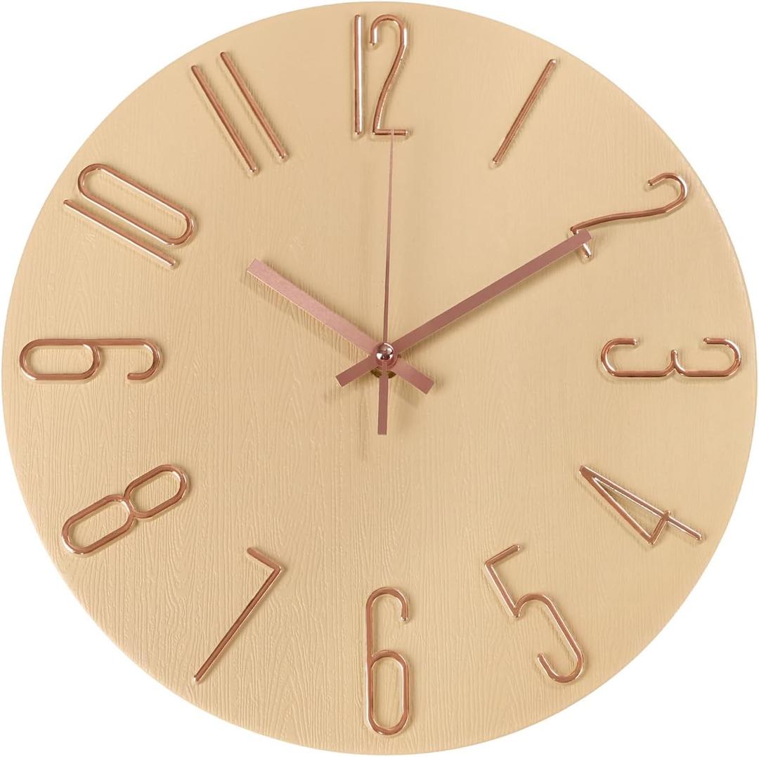 Wall Clock 12 Inch Silent Non-Ticking Imitation Wood Indoor Clock Round Beige Decor Clock Modern 3D Figures Quartz Wall Clocks for Home, Hotel, Office, School