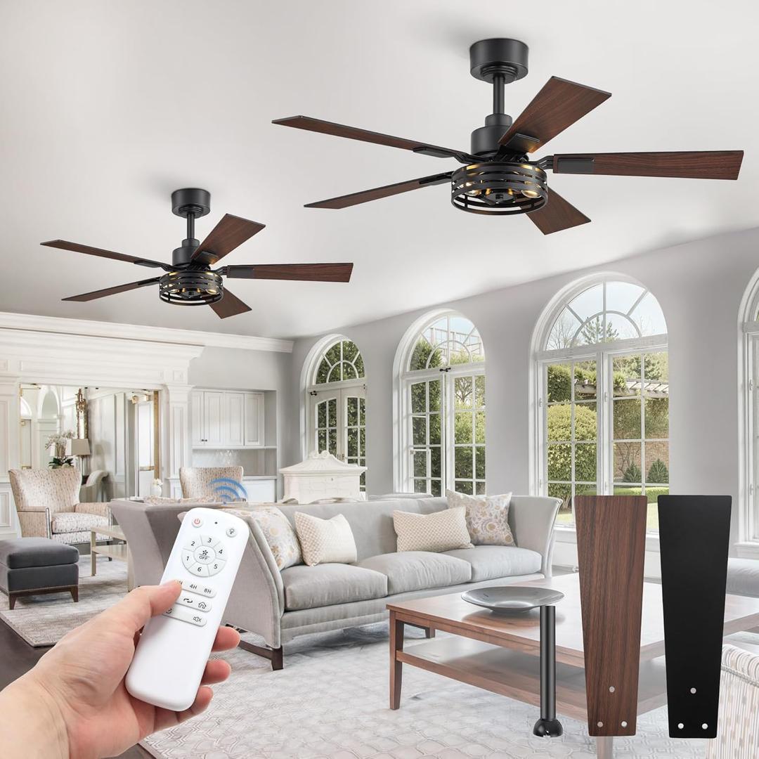 42 Inch Farmhouse Ceiling Fan with Lights 2 Pack, Rustic Black Ceiling Fans with Remote, 5 Dual Finish Blades, Quiet 6 Speed Reversible DC Motor, Caged Industrial Fan for Bedroom, Living Room, Patio