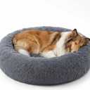 SAVFOX 36 inches Calming Donut Dog Bed - 3X Durable Plush Faux Fur, Machine Washable & Non-Slip, Fits up to 100 lbs, Dark Grey