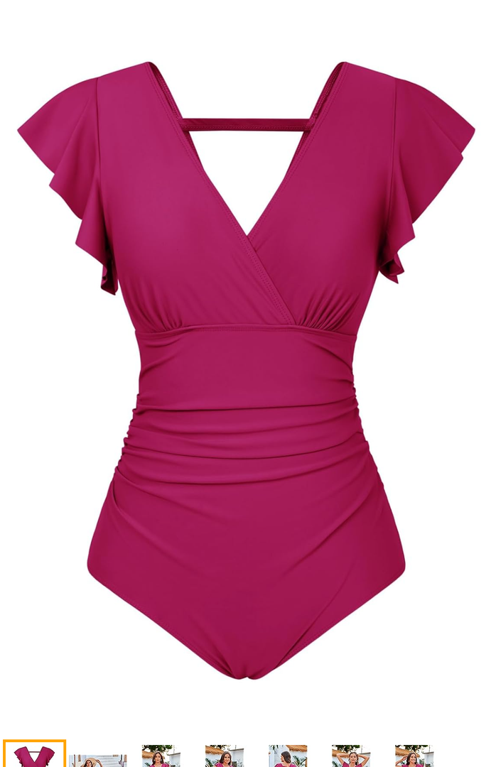 GRACE KARIN Women's One Piece Swimsuit Tummy Control Swimsuits V Neck Wrap Bathing Suits Ruched Ruffle Swimwear Wine Red S
