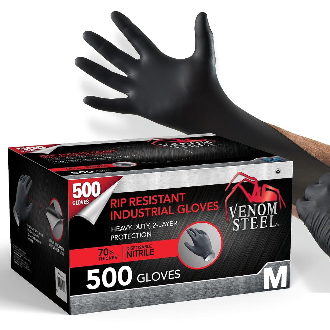 Venom Steel Industrial Nitrile Gloves, Chemical Resistant Disposable Black Gloves, Latex-Free, Powder-Free, Textured Grip, Heavy Duty Two-Layer Protection, 6 mil, Medium (Pack of 500)