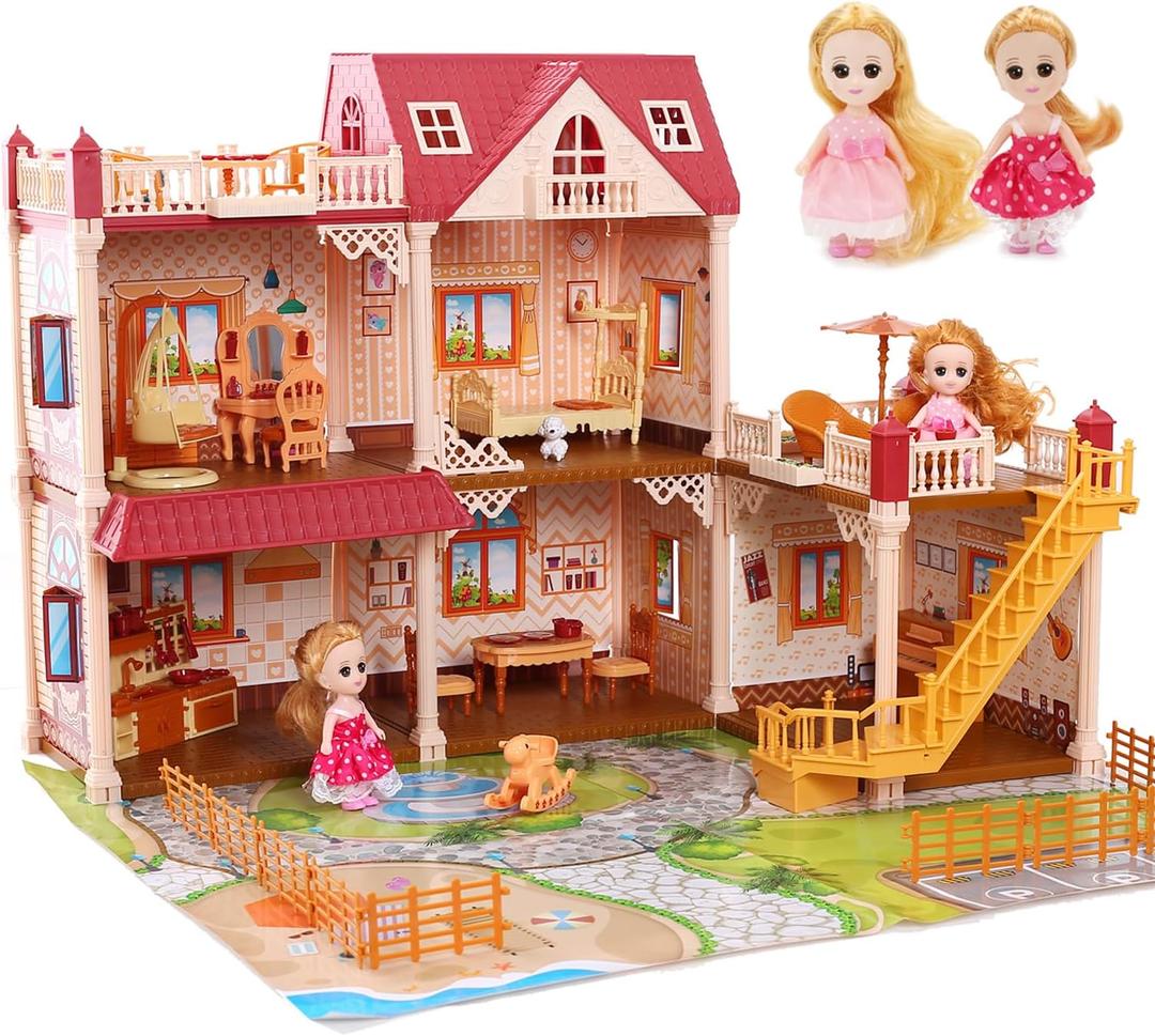 Doll House for Girls, DIY 5-Room Dollhouse Playset wirh Furniture and Accessories, Dream Gift for Kids