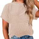 EVALESS Short Sleeve Shirts for Women Casual Spring Summer Tops Ribbed Knit Striped Womens Tops Crewneck Loose Fit T Shirts (Beige, XL)