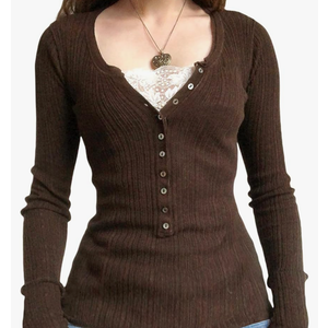 Women Y2K Lace V Neck Shirt Long Sleeve Half Button Down Solid Color Slim Fit Aesthetic Going Out Blouse Streetwear(Brown, XL)