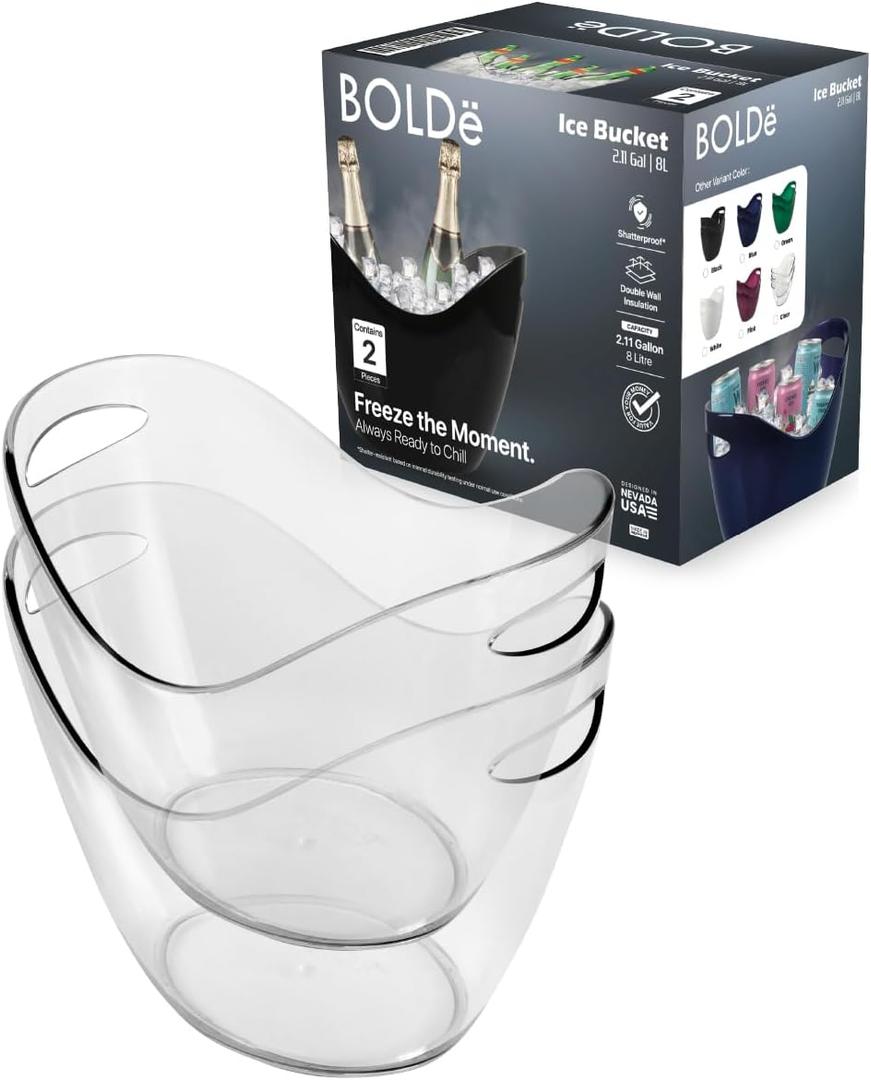 Ice Bucket, Shatterproof Double Wall Insulated, 2.11 Gallon (8L), Plastic with Handles, 2 Pack (Clear)