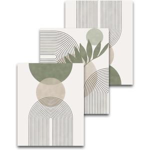 HesenDot Unframed Boho Sage Green Canvas Prints,12x16in Botanical Line Wall Art,Set of 3 Abstract Geometric Posters Decor,Minimalist Modern Green Artwork for Living Room Bedroom Bathroom Office Home