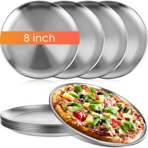 Thenshop 8 Pieces 8 Inch Pizza Pans Bulk Stainless Steel Sets Round Bakeware Pizza Trays for Oven Kitchen Baking Home Restaurant Picnics Holiday Activities Safe Sturdy Reusable Easy Clean(Silver)