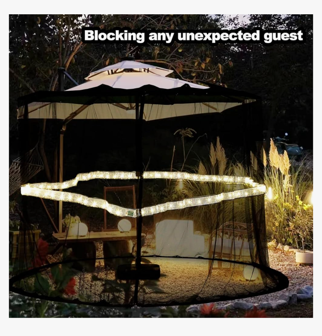 7.5-10FT Umbrella Netting for Outdoor Umbrellas, Patio Umbrella Mosquito Netting with Led Strip Lights, Adjustable Rope, Fits 9Ft Outdoor Table Umbrellas (Black)
