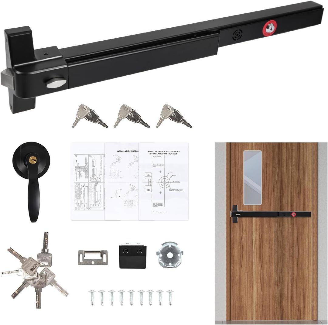 BEAMNOVA Commercial Door Push Bar Panic Exit Device with Alarm Exterior Lever Roller Strike Plate End Cap Lock Key Set for 27.5 to 41 inches Wide Door, Black