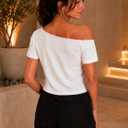 Hilinker Women Off The Shoulder Crop Tops Sexy Cut Out Ripped Short Sleeve Cropped T Shirts (White, M)