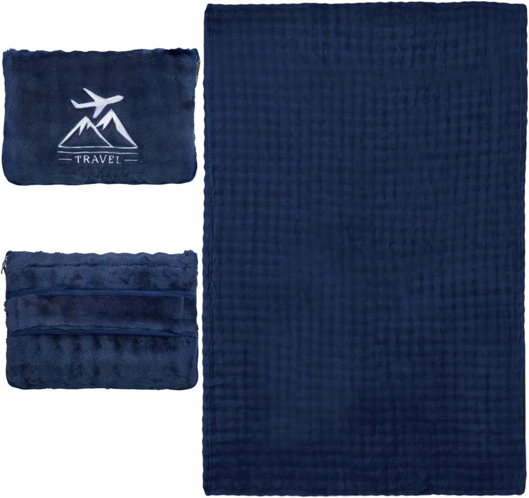Travel Blanket and Pillow-2-in-1, Ultra-Soft&Compact,Airplane Blanket with Hand Luggage Belt and Backpack Clip,Travelers Accessories Gifts, 61x43 InchesNavy
