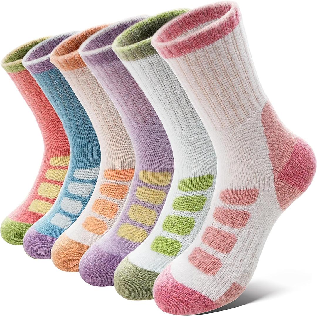 Anlisim Kids Merino Wool Hiking Socks Boys Girls Toddlers Thermal Winter Warm Boot Thick Cushion Gift Socks 6 Pairs (12-15 Years, Green/Blue/Pink)