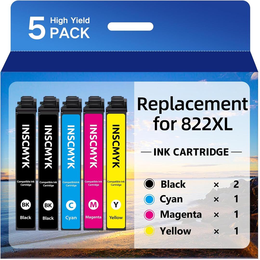 Remanufactured Replacement for Epson 822XL Ink Cartridges Combo Pack Replacement for T822 XL for Workforce Pro WF-3820 WF-4820 WF-4830 WF-4833 WF-4834 Printer (5 Pack)