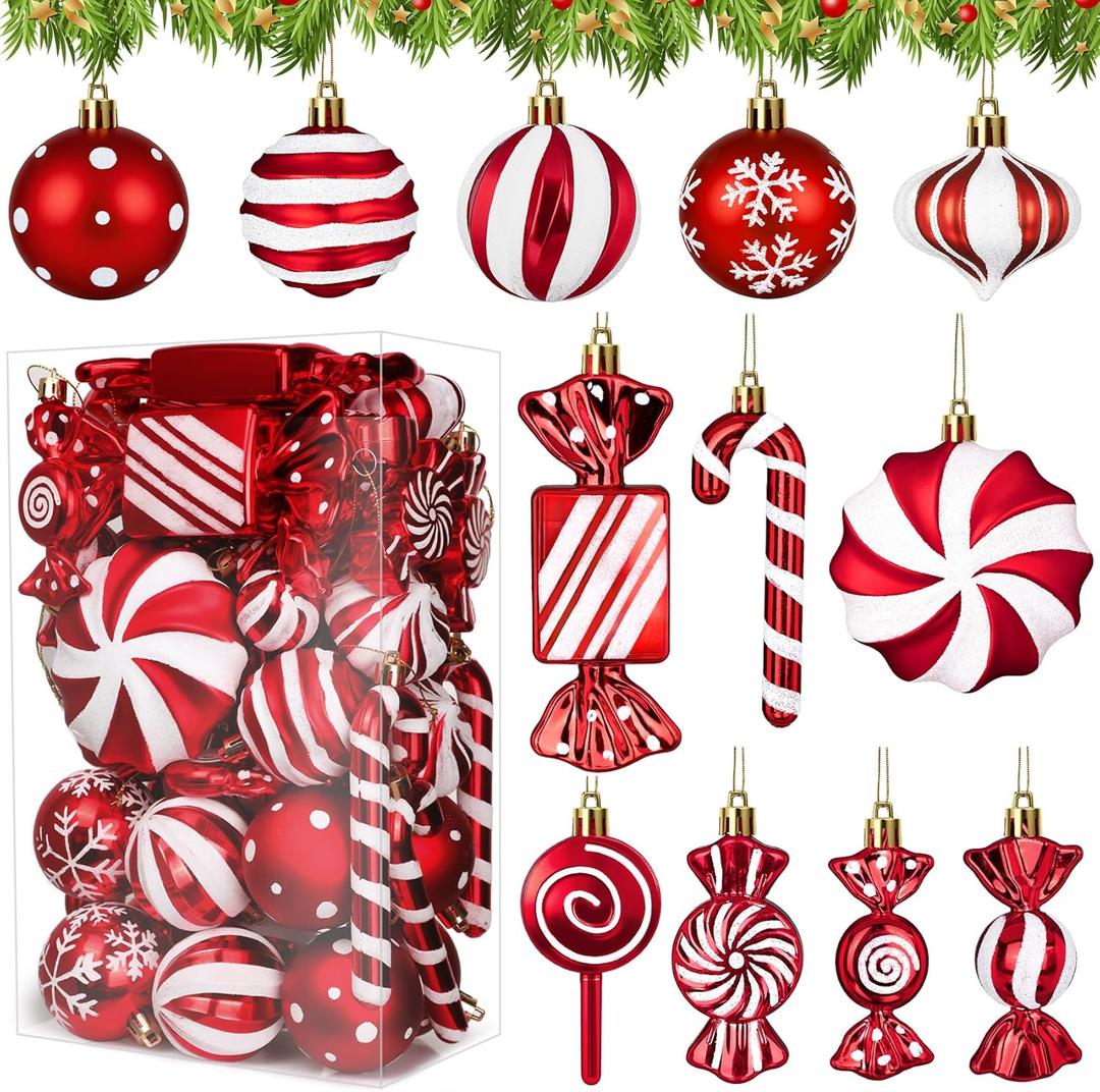 Roberly 48 Pcs Christmas Candy Cane Lollipop Ornaments, Red & White Christmas Tree Decorations Set Shatterproof Hanging Ball Pendants for Xmas Tree Candy Land Themed Party Supplies Holiday Home Decor