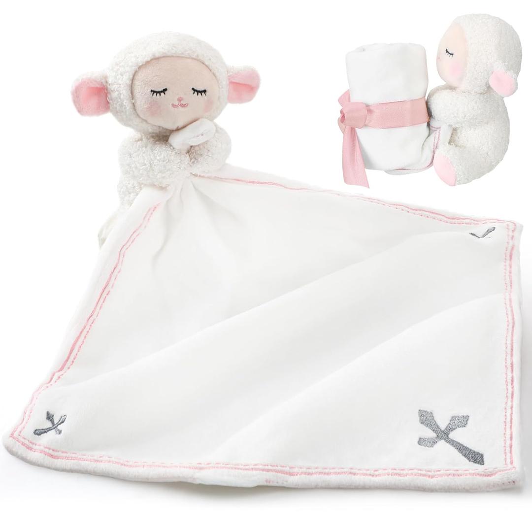 Kinlop Baptism Gifts for Baby Girl Boys Lamb Security Blankets Baptism Lamb with Christian Cross Soft Bedtime Newborn Toy(Pink)