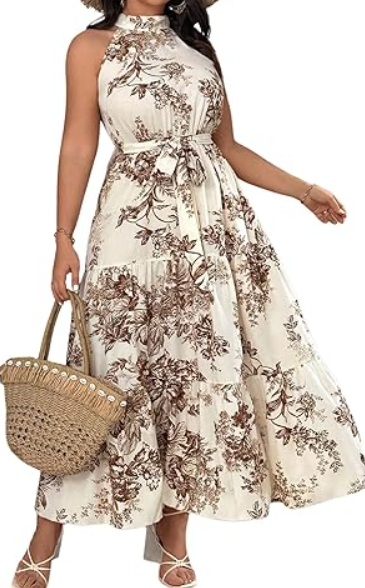 Floerns Women's Plus Size Boho Sleeveless Halter Neck Tie Back A Line Long Dress Brown Multi Apricot, 3XL Plus