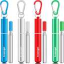 Cruise Ship Essentials,4-Pack reusable Collapsible Stainless Steel Drinking Straws with Aluminum Case, Cleaning Brush, and Keychains-Silver, Blue, Red, Green