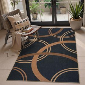 LIVEBOX Modern Easy Jute 3x5 Black Area Rug, Geometric Circles Washable Rugs for Entryway Living Room Bedroom, Non-Slip Low Pile Indoor Outdoor Rug for Dining Room Office Contemporary Carpet Mat