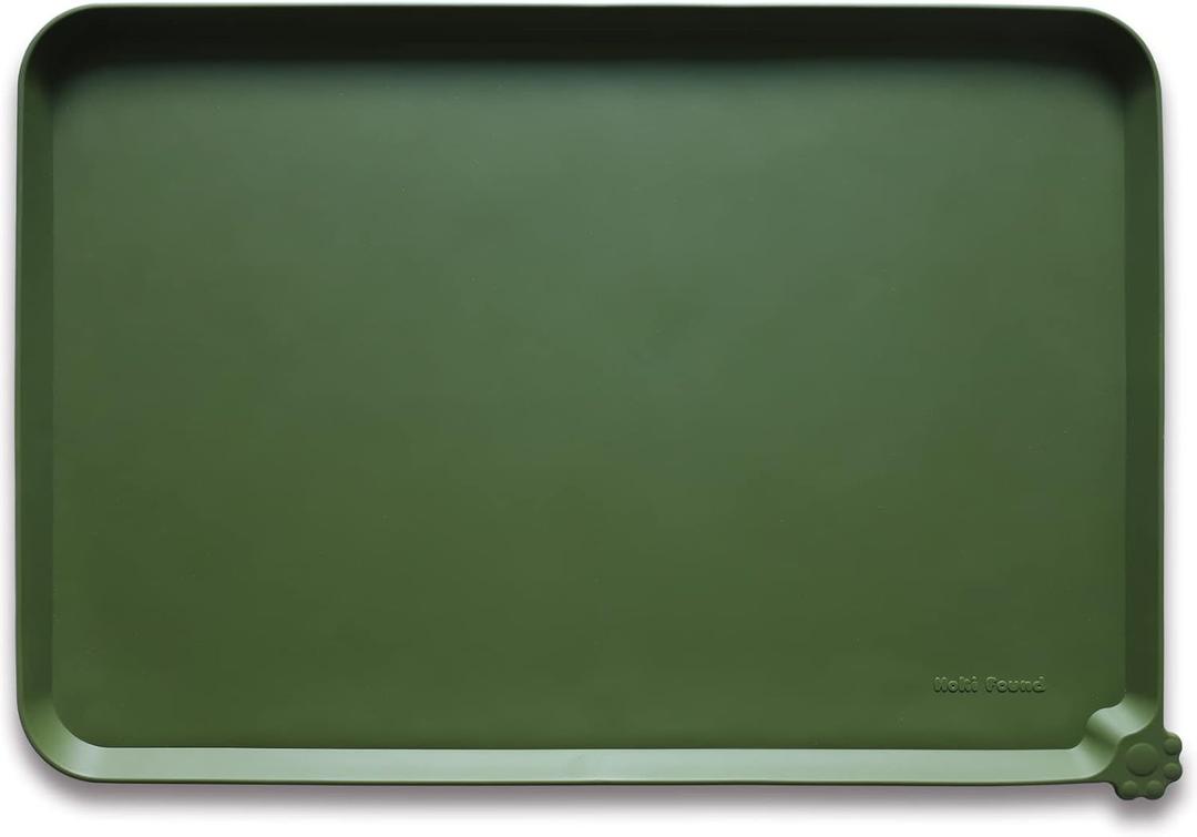 Hoki Found Silicone Pet Food Mat - High-Lips Dog Cat Bowl Placemat - Waterproof, Dark Olive (19 x 12)