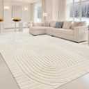 Beige Solid Area Rug 8x10 Large Washable Soft Indoor Rugs for Living Room Bedroom, Modern Geometric Bohemian Pattern High-Low Pile Textured Carpet for House Apartment, Home Office Decor