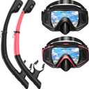 Snorkeling Gear for Adults, Dry Top Snorkel Mask Set 2 Pack Scuba Diving Mask Snorkel Gear Anti Fog Snorkeling Packages Tempered Glass Panoramic View Nose Cover (Black&Pink)