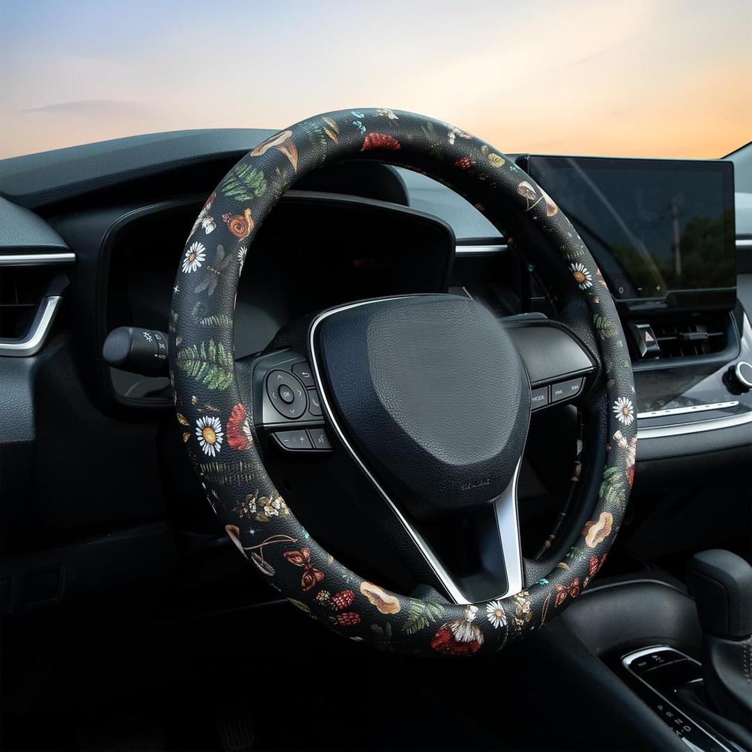 Mushroom Steering Wheel Cover Auto Leather Steering Wheel Protector, Anti-Slip, Breathable, Absorbing Sweat, Universal Mushroom Car Accessories 14.515 inch,Fit for Most Car, Trucks, SUV