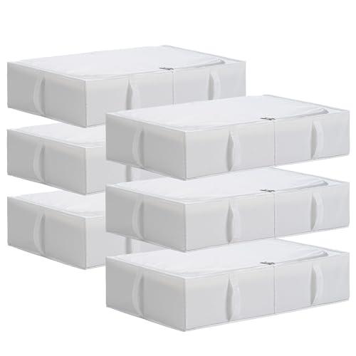 TYEERS Under Bed Storage Containers, Durable Fabric, Washable, Collapsible, Under Bed Storage Bins for Clothes, Blankets, Sheets, Shoes, 27.5x16.5x7 Inches, 6-Pack, White
