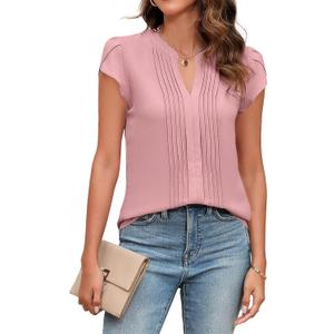 Blooming Jelly Womens Blouses Dressy Causal V Neck Pintuck Short Petal Sleeve Business Tops Ladies Summer Trendy Work Shirt (Large, Pink)