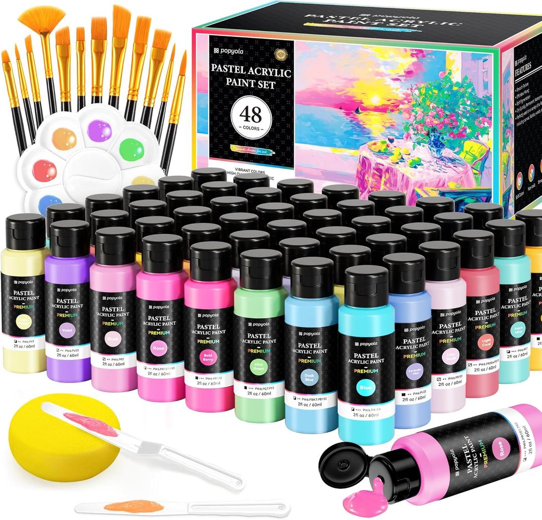 64 PCS Pastel Acrylic Paint Set with 12 Brushes, 2 Knives & Palette, 48 Colors (2oz/60ml) Art Craft Paint for Adults Artists Beginners, Canvas Ceramic Rocks Wood Painting Kit Art Supplies