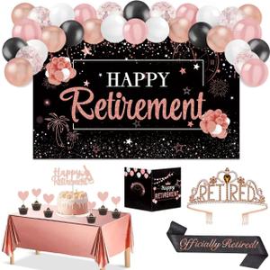 42Pcs Retirement Party Decorations Women with Retirement sash and Crown,Banner, Balloons, Cake Toppers, Tablecloth and Greeting Card,Happy Retirement Decorations Favors