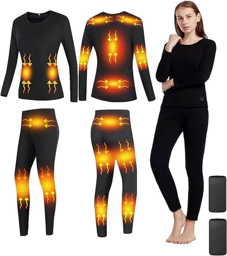 Women's Heated Thermal Underwear Set, Women's Winter Outdoor Sports Underwear with 16 Heating Zones, Electric Heated (Black)