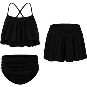 EXARUS Girls Bikini 3 Pieces Bathing Suits Swimsuits Ruched Swimwear Mid Rise Beach Pool (Black)