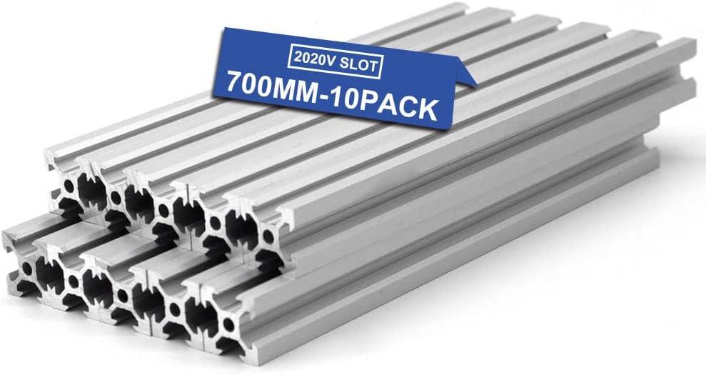 10Pcs V Slot 2020 Aluminum Extrusion Profile 700mm (27.5'') Silver