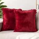 PAVILIA Burgundy Red Throw Pillow Covers with Pom Pom 20x20 Set of 2, Decorative Pillow Cases for Bedroom Aesthetic, Small Throw Pillows Set for Bed, Velvet Euro Plush Cushion Covers for Sofa Couch