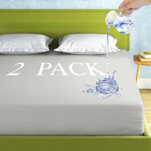 2 Pack Mattress Protector Queen Size 100% Waterproof Fitted Mattress Cover, Breathable Noiseless & Machine Washable Bed Cover Deep Pocket from 5" to 21", Bed Protector for Pets Kids Adults Light Grey