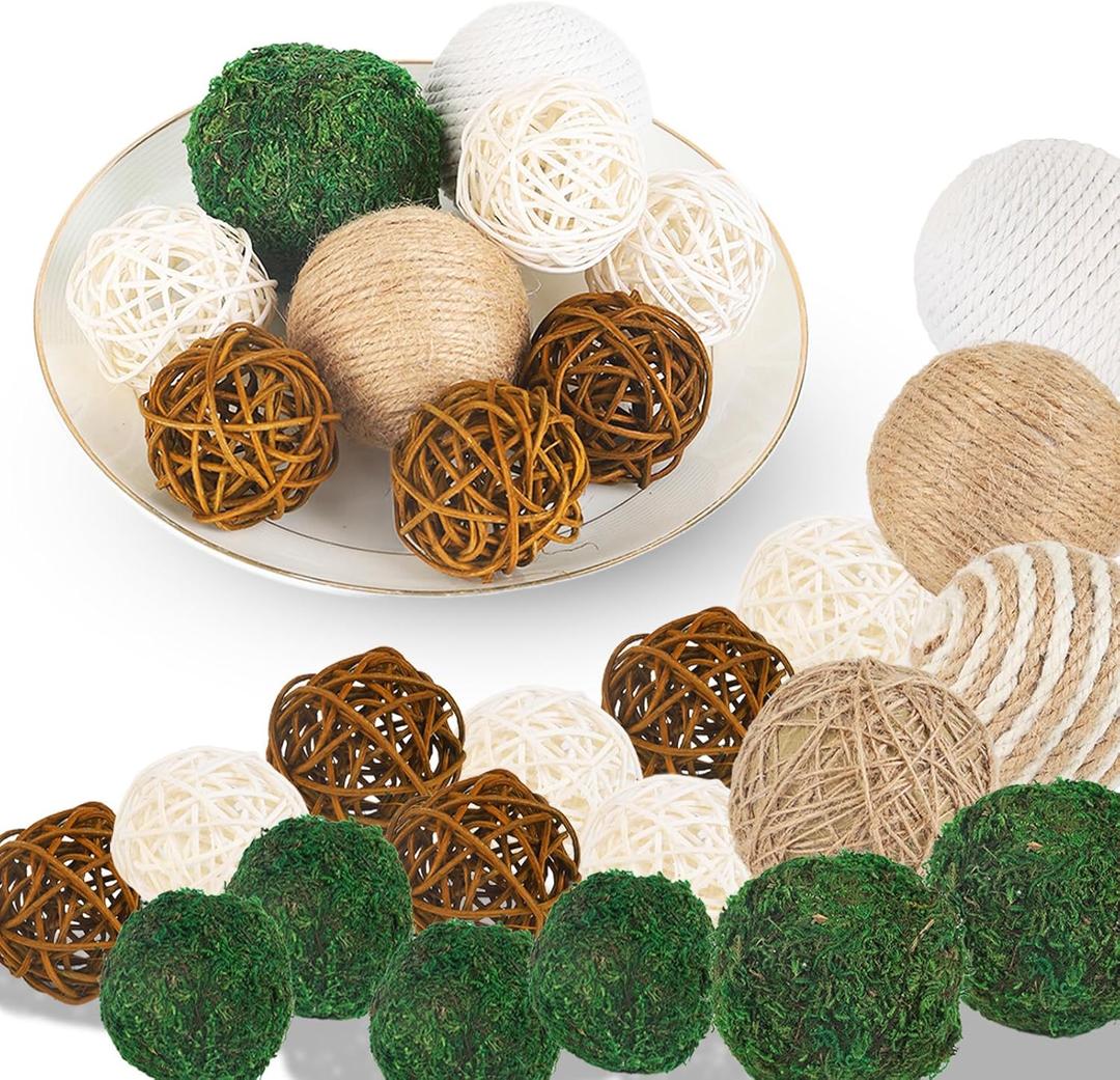 Orbs Decorative Balls for Centerpiece Bowls 18pcs Fake Moss Balls and Jute Rope Wicker Rattan Set Bowl Vase Fillers for Home Table Wedding Rustic Garden Party Decor
