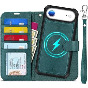 TUCCH Removable Case Wallet for iPhone Air (6.5") 2025, Detachable Wrist Strap, Wireless Charging, Stand, 4 Card Slots RFID Blocking, 2-in-1 Magnetic, PU Leather Shockproof Cover, Teal Blue
