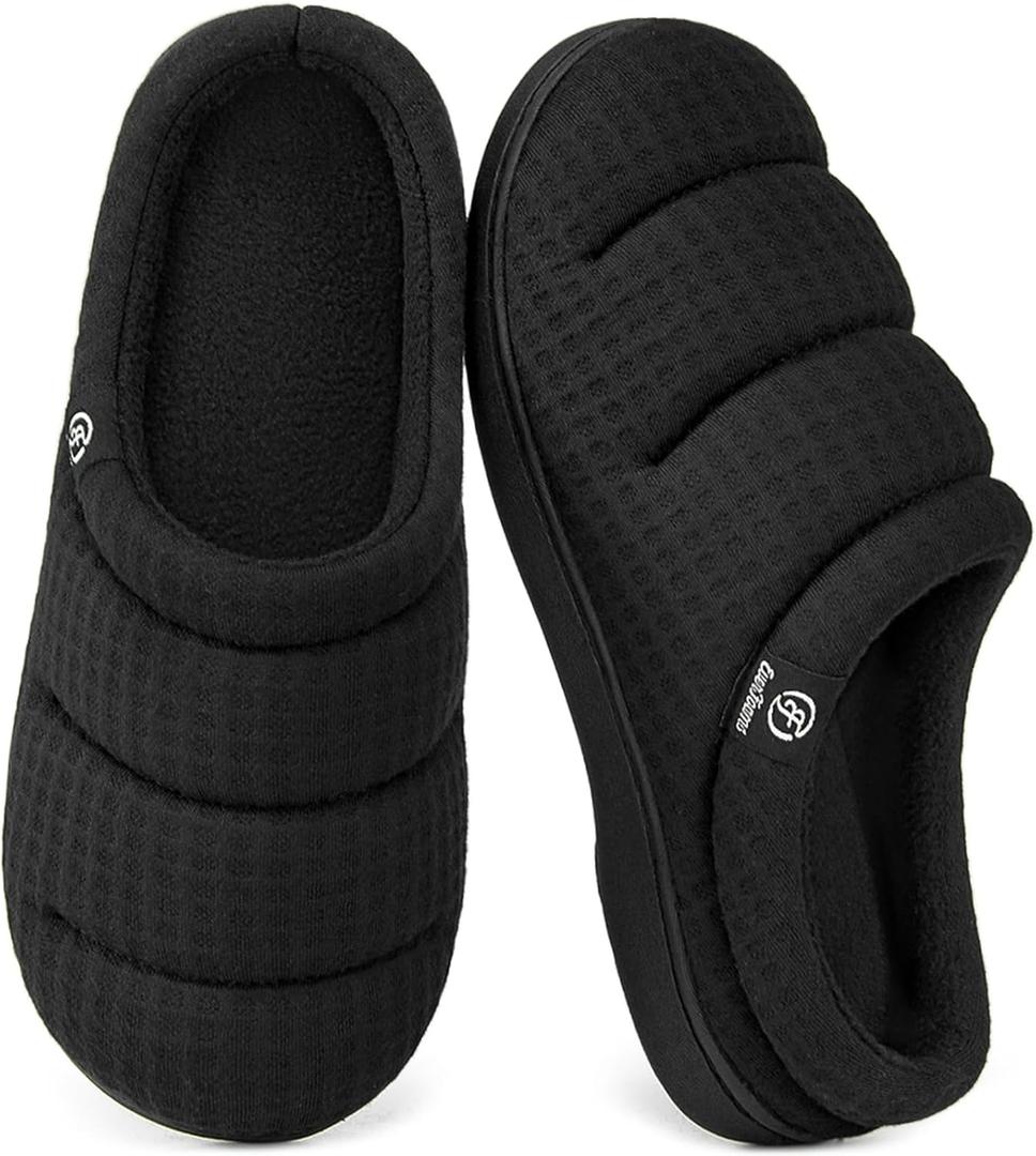 EverFoams Women's Cozy Waffle Slippers Soft Quilted Memory Foam Indoor House Shoes (7-8, Dark Black)