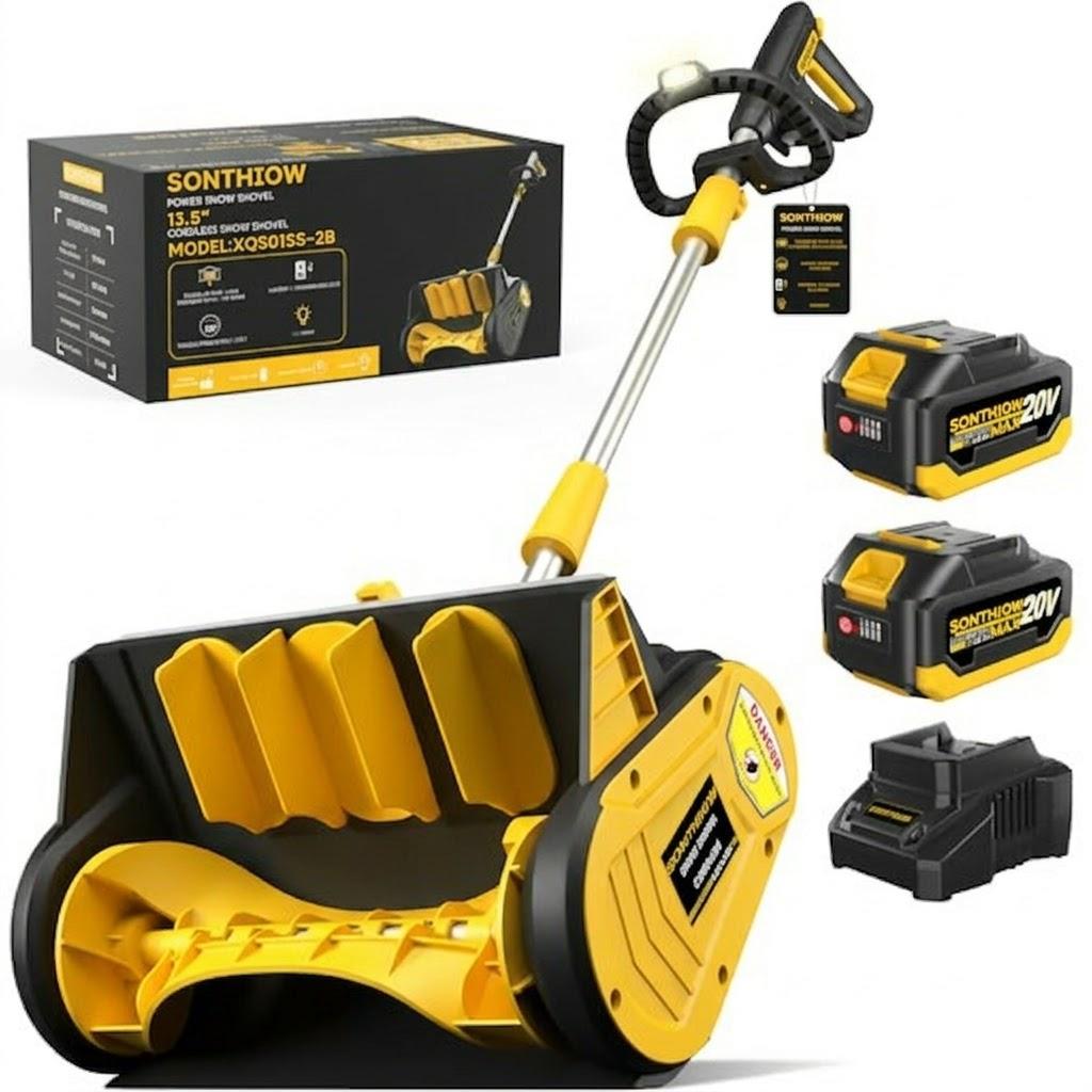 SONTHIOW 13.5" Electric Snow Shovel, 20V Brushless Snow Shovel, Includes 2 * 4.0 Ah Battery and Quick Charger, Cordless Snow Blower with Directional Plate & Adjustable Front Handle (2 * 20V Battery)