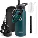 Insulated Water Bottle 32 oz, Triple Wall Vacuum Stainless Steel (Cold for 48 Hrs), Leak Proof & Non-BPA, Modern Water Flask Jug with Paracord Handle & Straw Spout Lids, Dark Green