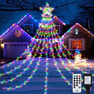 23FT 714 LED Christmas Decoration Lights Outdoor, 8 Modes Waterfall Star String Lights with Waterproof Timer, Dimmable Waterfall Tree Lights for Indoor Roof Patio Holiday Party, Multicolor
