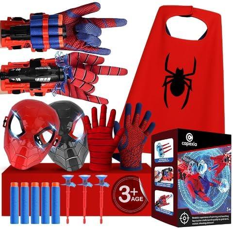 Superhero Web-Slinging Toy Set  7-in-1 Superhero Set Includes 2 Web Shooters, 2 Hero Masks, 2 Gloves, and 1 Cape  Ideal for Indoor and Outdoor Costume Role-Playing, Imaginative Play for Kids Ages 3+
