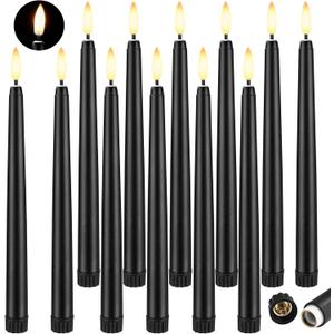 Baquler 12 Pcs 9.7 Inch Black Flameless Taper Candles, Battery Operated Taper Candles LED Warm 3D Wick Flickering Candlesticks for Church Wedding Home Decor Halloween Christmas Hanukkah New Year