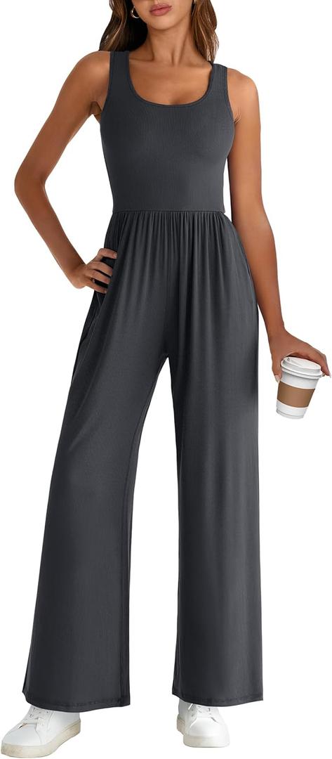 ANRABESS Jumpsuits for Women Dressy Casual Summer Sleeveless Rib Knit Wide Leg Jumper Romper One Piece Outfits with Pockets Dark Grey Medium (Gray, M)