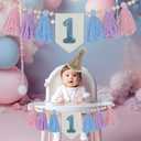 1st Birthday Highchair Banner Decorations Handmade-Pastel Pink,Purple,Blue Colored Tassels with Khaki Cone Hat Wood Bead Garland for Photoshoot Props Photo Backdrop Girl First Birthday Party Decorations