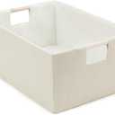 Foldable Fabric Storage Basket for Shelves, Linen Decorative Storage Bin with Wooden Handles, Small Organizer Cube for Closet, Rectangle Canvas Box for Organizing, Decor, 15x10.6x6 Inches (Beige)